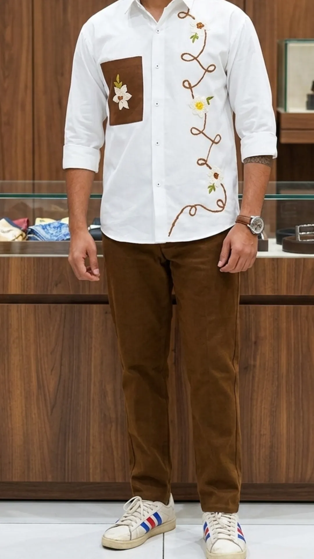 Men's White Floral Embroidered Shirt